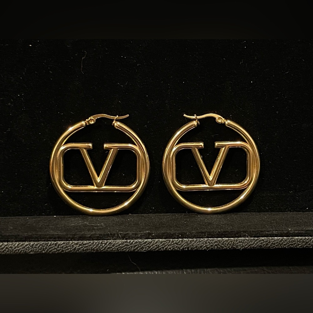 Gold Logo Hoop Earrings - V Monogram Style
